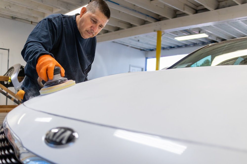 Frame straightening on a damaged vehicle at Royal Collision Center, Fontana, CA